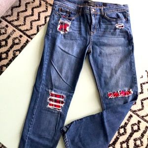 Black label patched denim
